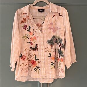 Johnny Was Cream Button-Down Shirt with Multicolor Floral Embroidery